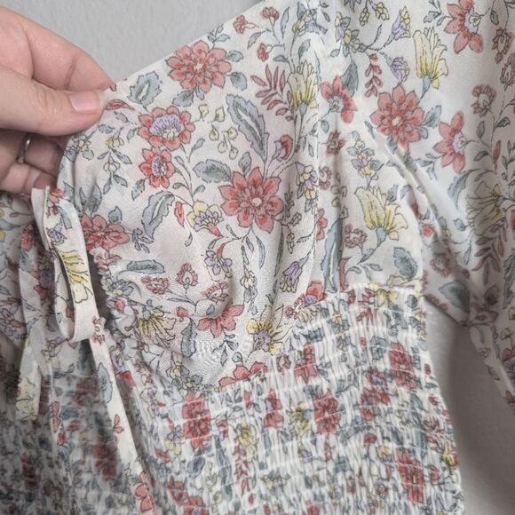 Love Tree Smocked Crop Top Off White Coral Yellow Floral Peasant Blouse M - Picture 6 of 7